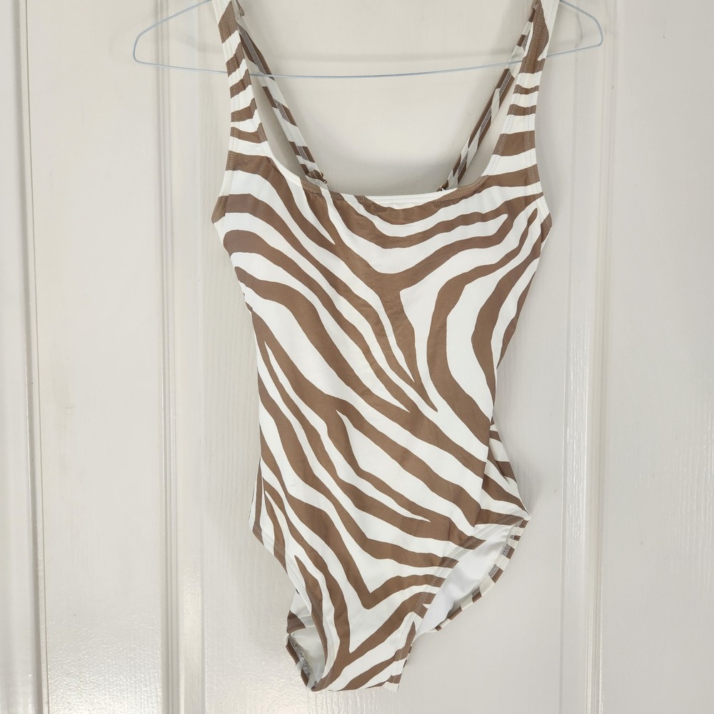 NWT Michael Kors Zebra Print Lace Up One Piece Swimsuit White Tan MM3F328 Sz 10